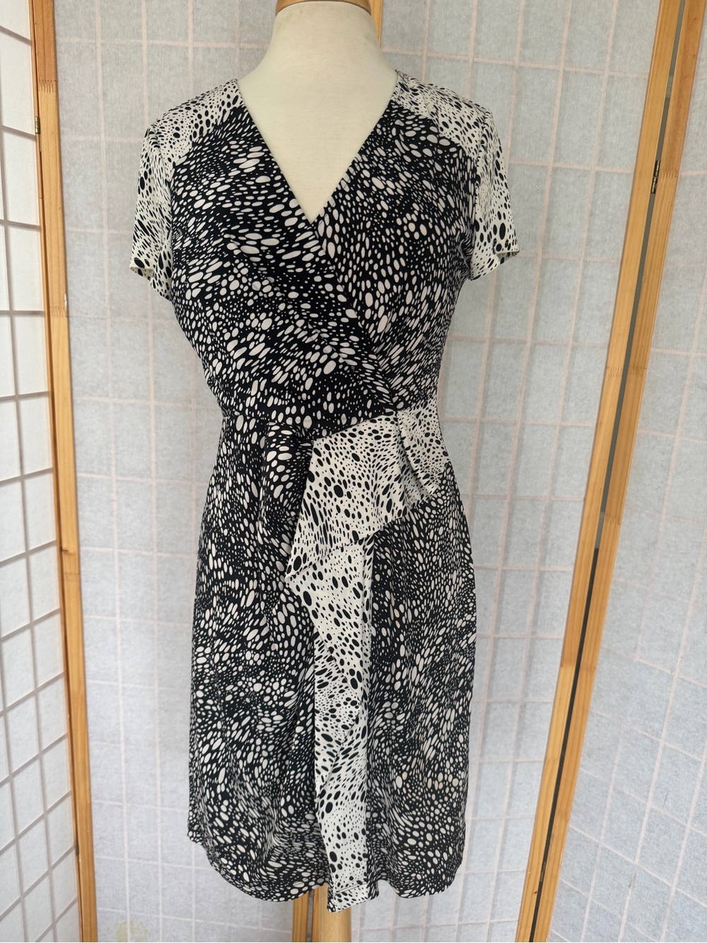 BCBGMaxAzria Black and White Dot Print Wrap-Style Mix Pattern with Ruffle Detail